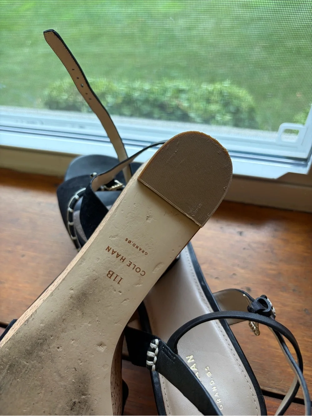 Cole Haan Black Suede Platform Sandals with Cream Stitch Trim